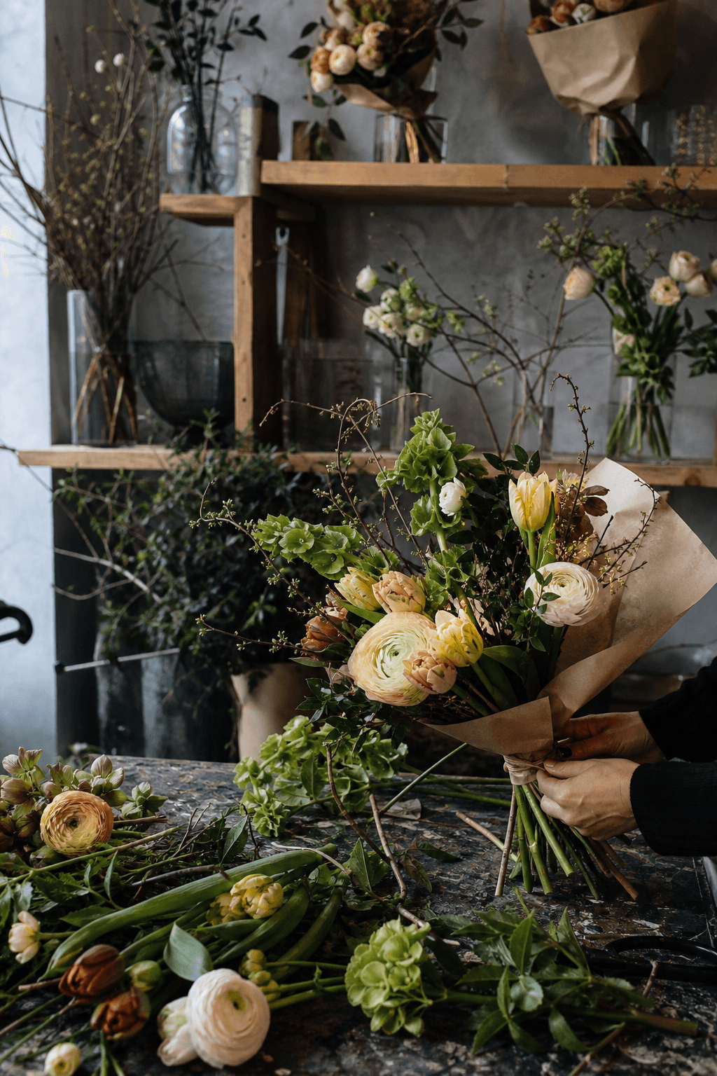 Sculptural seasonal bouquet in the LÉORA atelier