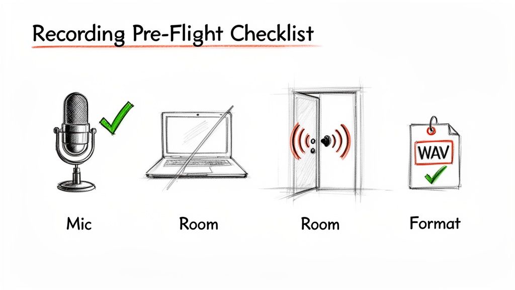 Visual checklist for recording audio, highlighting good microphone, quiet environment, and WAV format.