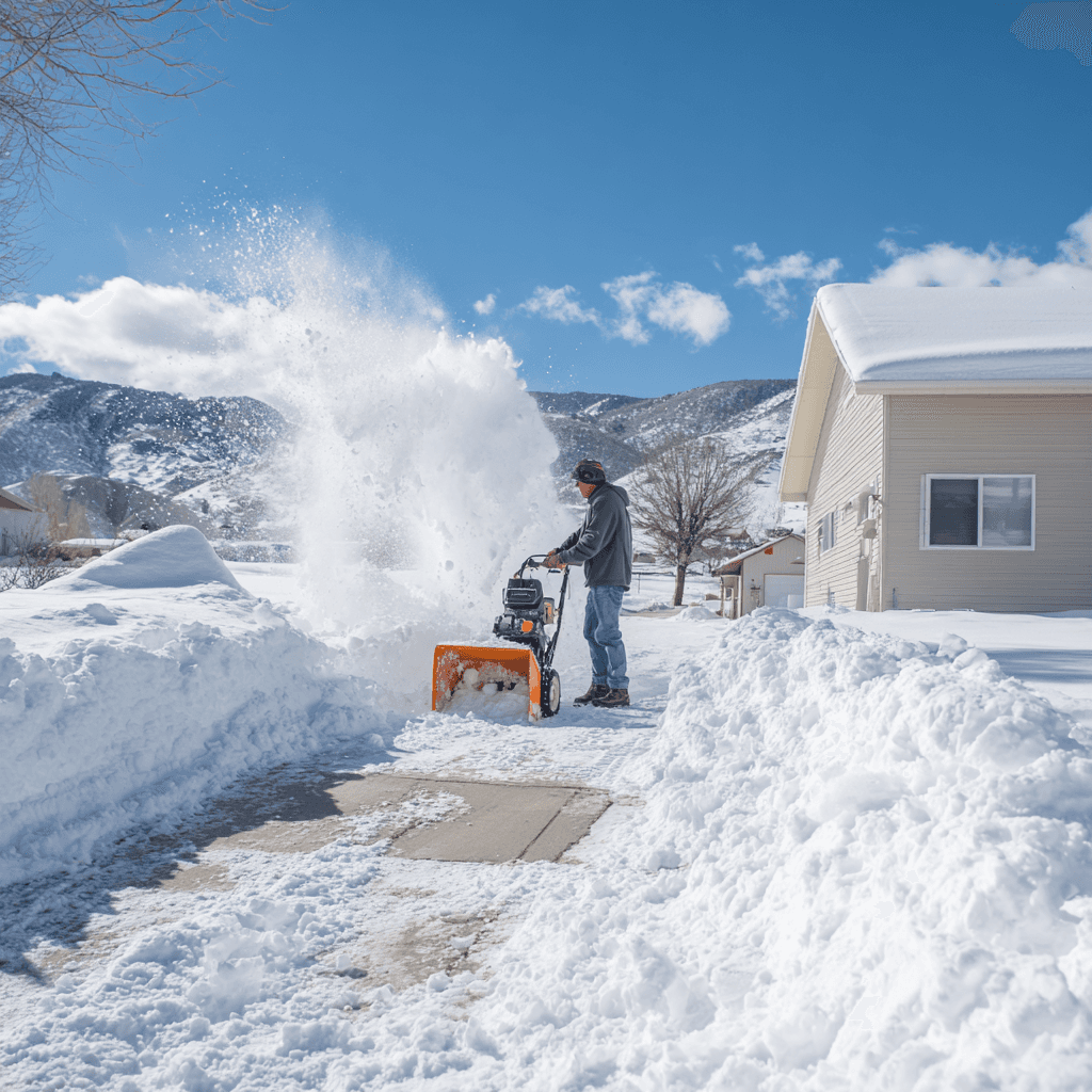 Landscaper removing snow from parking lot