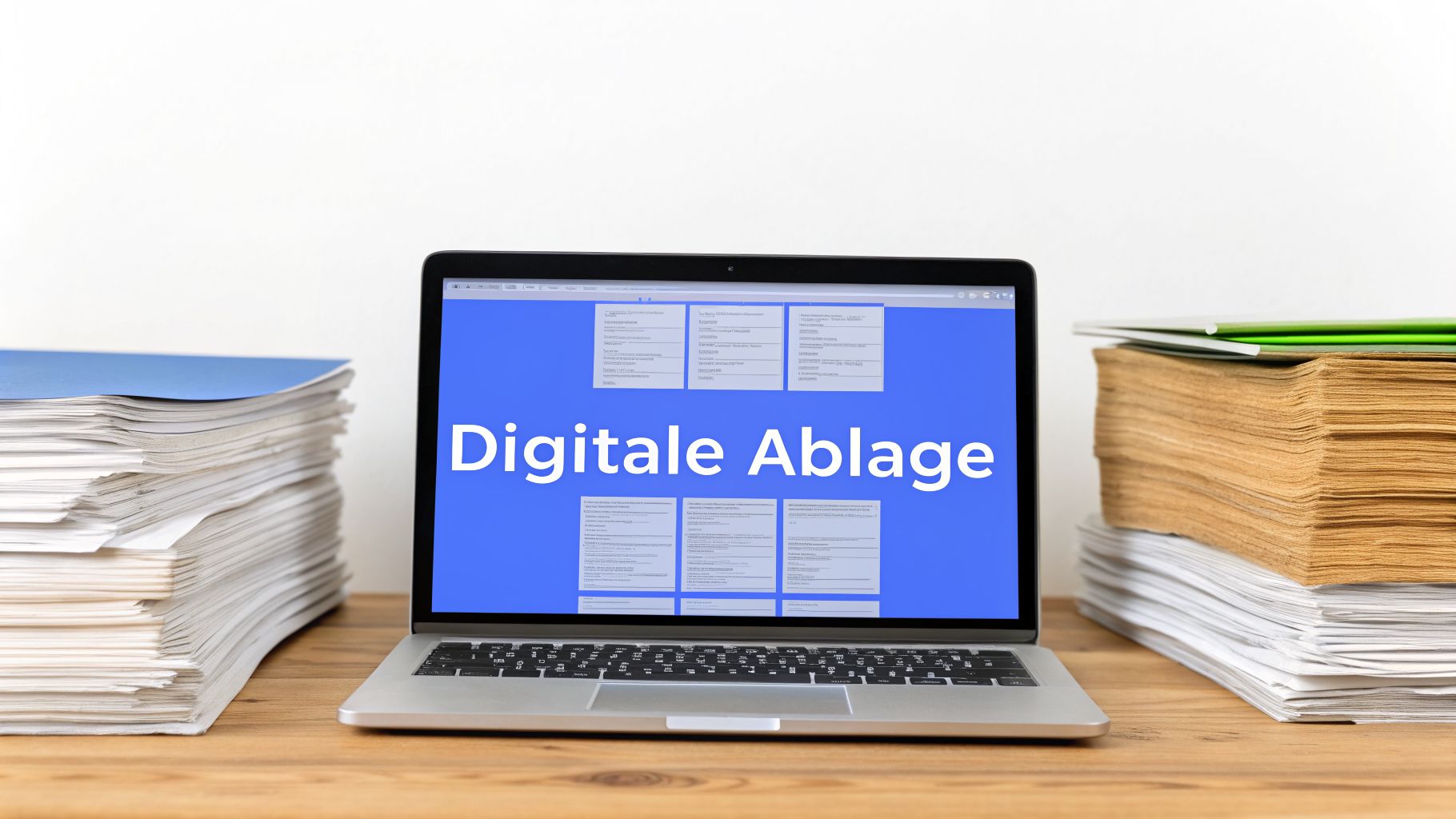 Laptop zeigt 'Digitale Ablage' umgeben von Papierstapeln, symbolisiert Digitalisierung und effiziente Büroprozesse.