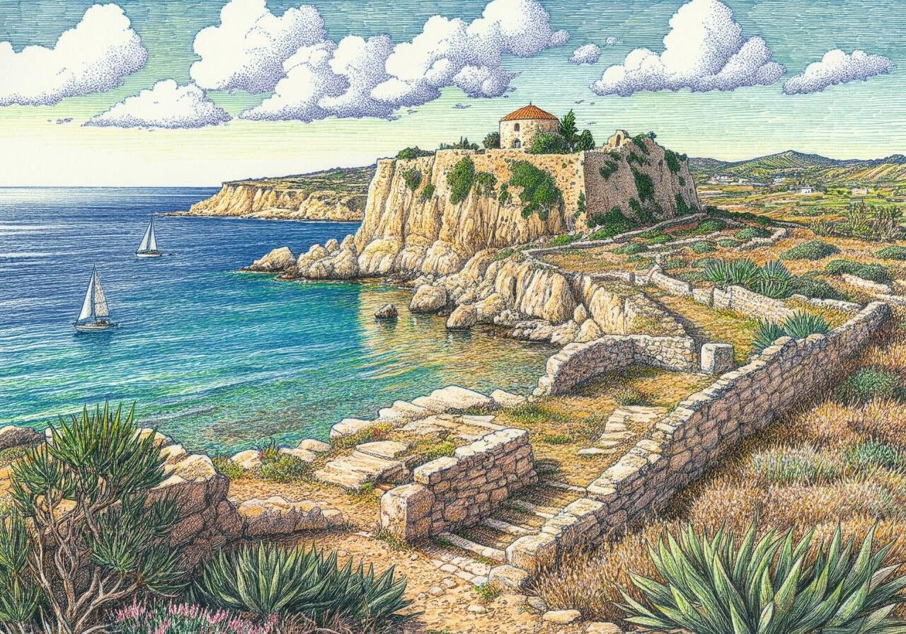 Detailed illustration of a coastal landscape in Cyprus, featuring ancient stone ruins, a rocky shoreline, clear blue waters with sailboats, and a historic hilltop structure overlooking the sea.