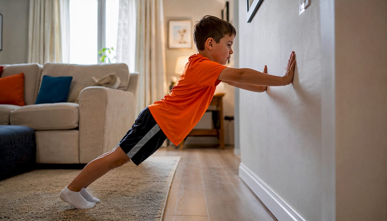 Boy doing wall push-ups at kitchen wall