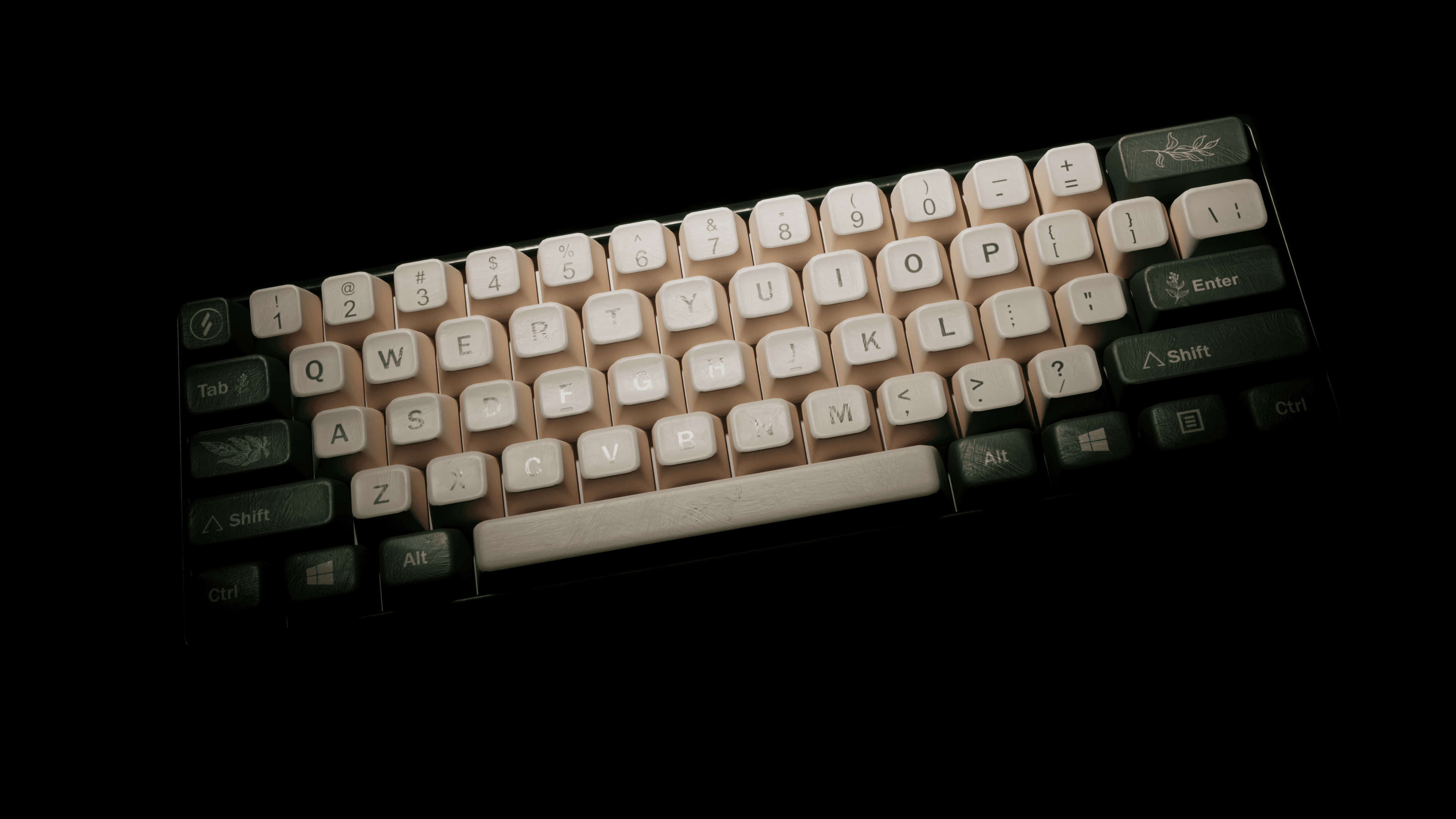 Custom mechanical keyboard product render showing keycaps in green and beige