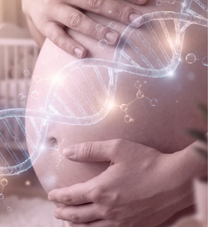 Gestante com representação de DNA associada à avaliação genética no teste genético do embrião