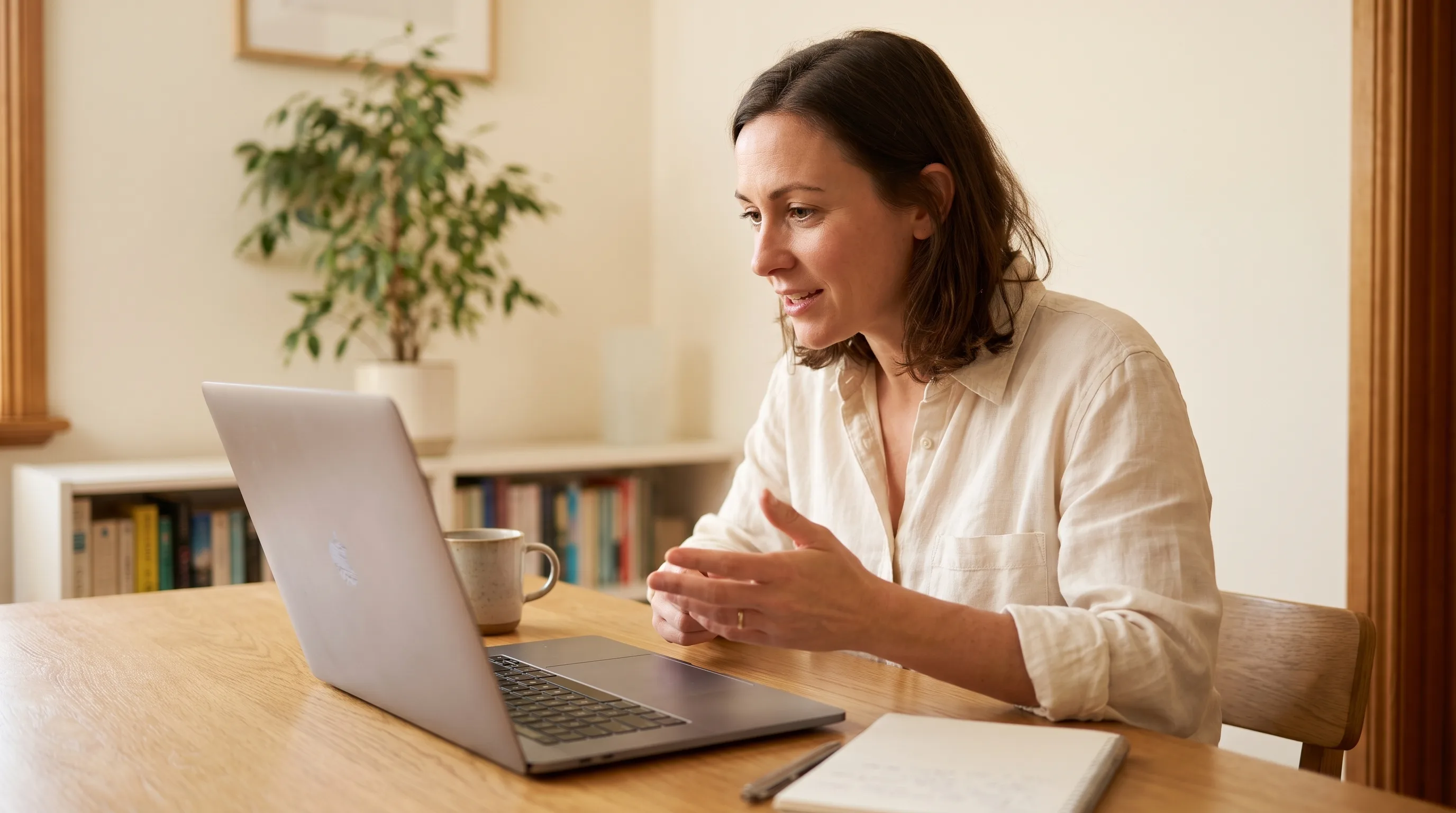 A consultant on a Google Meet video call on her MacBook in a private home office, a notebook and coffee on the desk