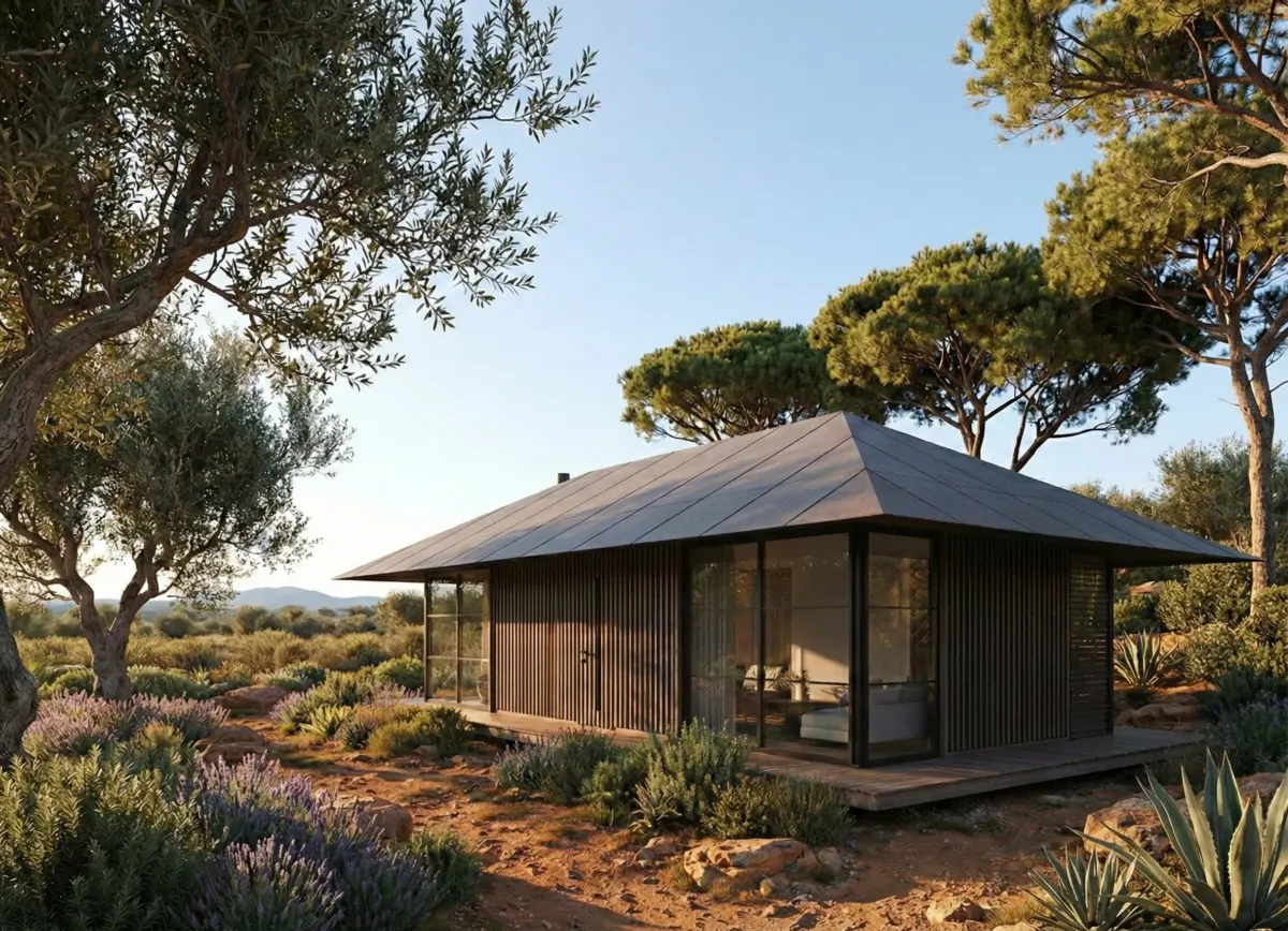 Écolodge Teshima Copacabanon parmi les oliviers, bardage bois et toit quatre pans