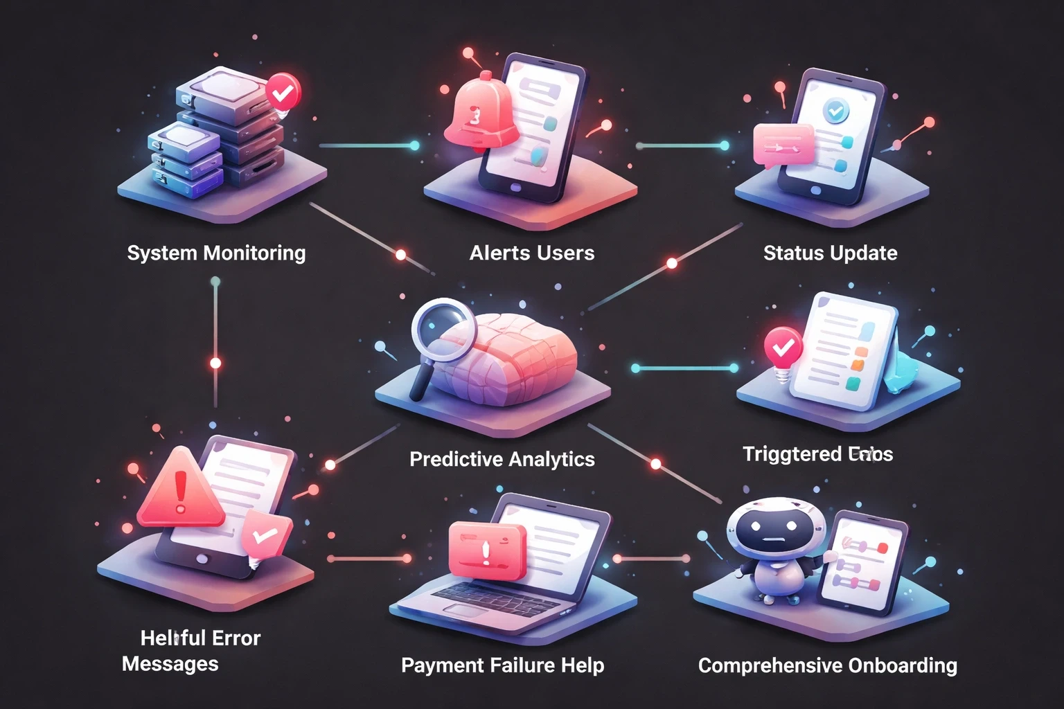 Low poly isometric flowchart of proactive support workflow