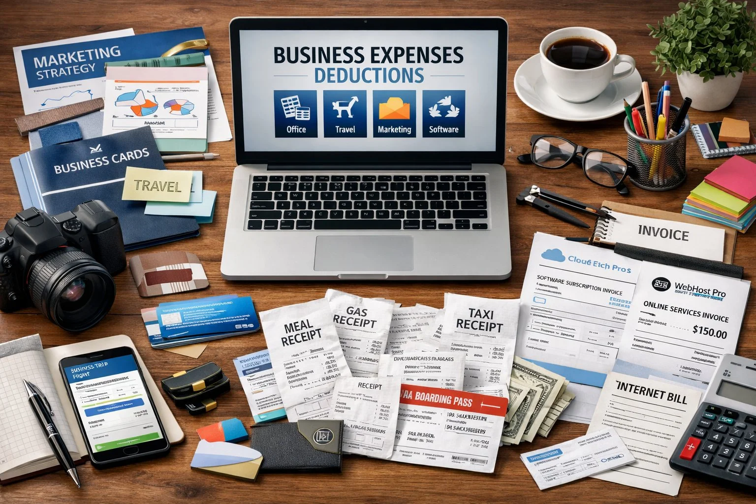 Workspace showing common business expenses, including a laptop, marketing materials, office supplies, receipts, and software subscription invoices.