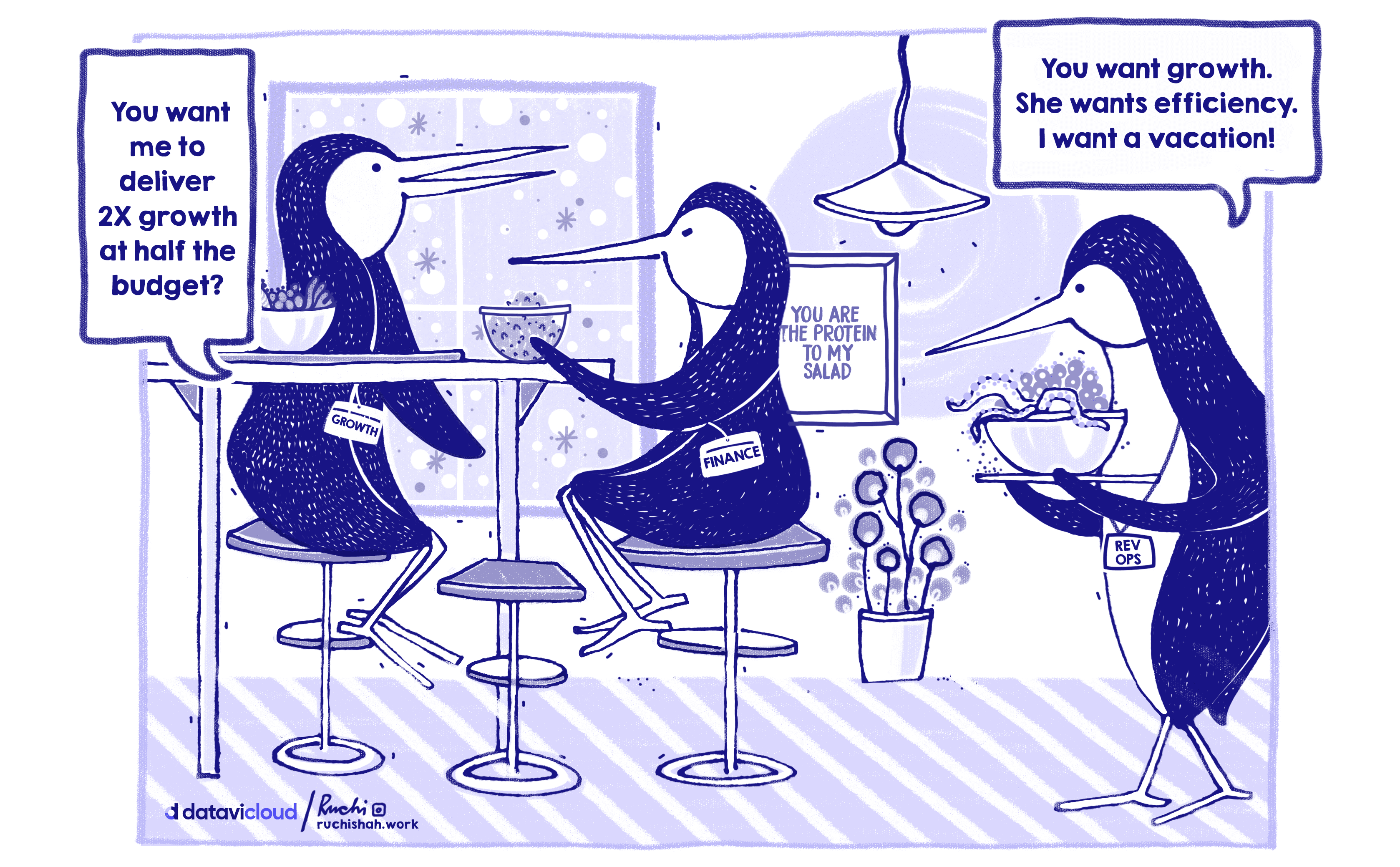 A blue-and-white satirical business illustration featuring data penguins in an office setting. One penguin looks stressed while eating "desk-ramen," representing the struggle of manual B2B lead enrichment and the "Efficiency" monster. The image contrasts a "Fossilized Organizational OS" with modern AI GTM intelligence tools like LEO and Qurie from Datavic Cloud.