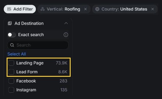 AdPlexity Social, Explore, Ads, Vertical Roofing, Country United States, Last 30 Days: the Ad Destination filter shows about 73,900 landing page ads and about 8,600 instant form ads