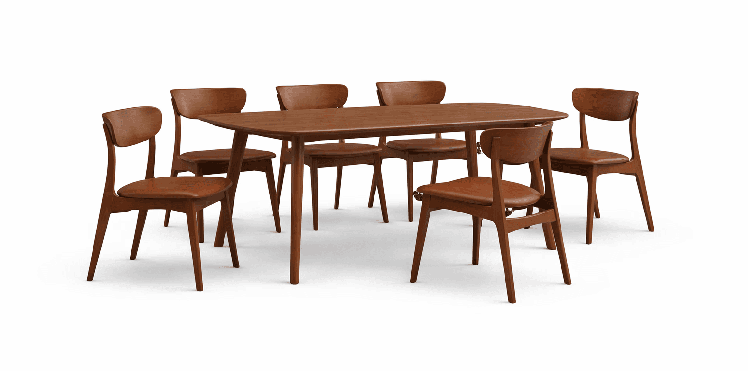 Wooden dining table with softly chamfered edges and curved solid‑wood chairs