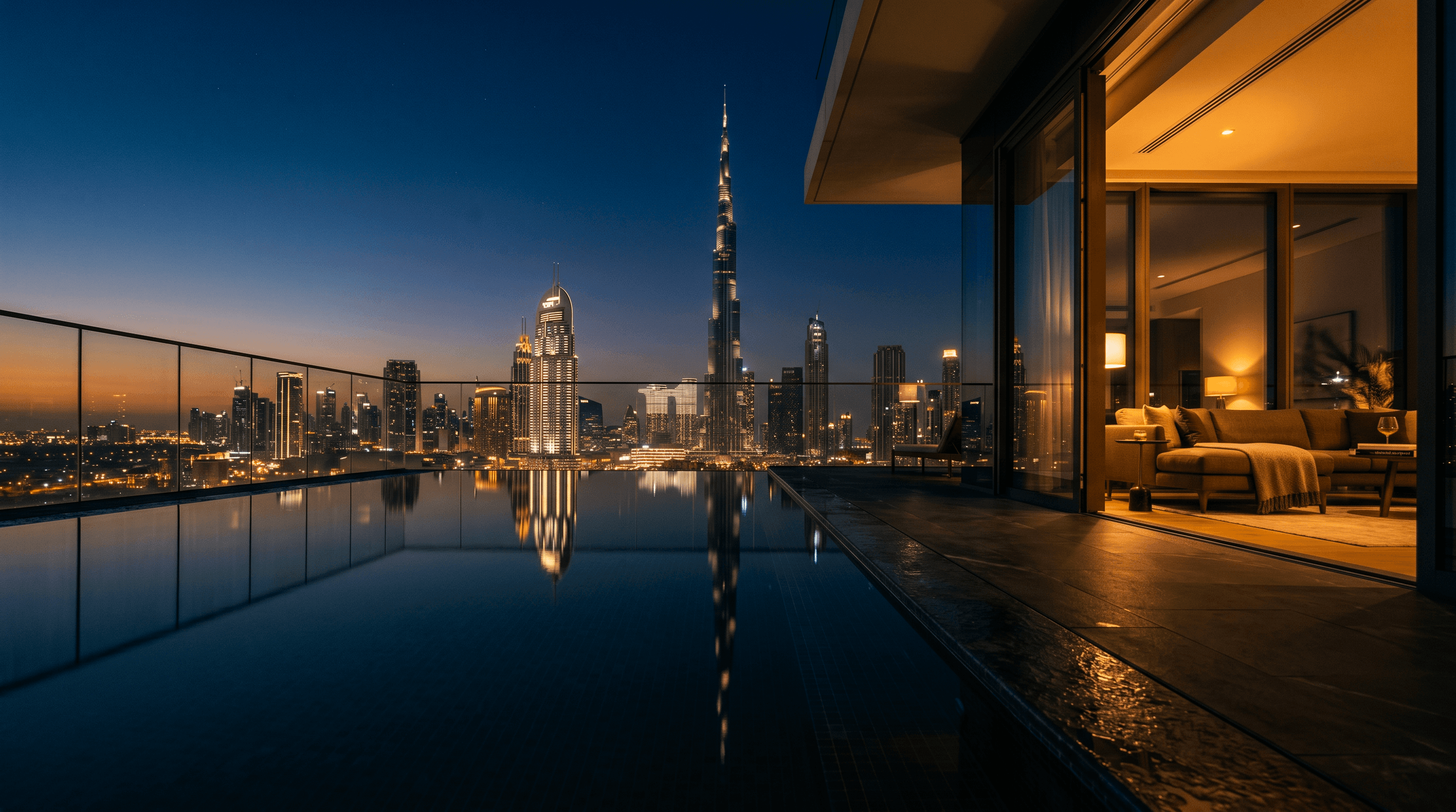 Modern luxury house with infinity pool at sunset, featuring sleek architecture and serene reflections in warm hues.
