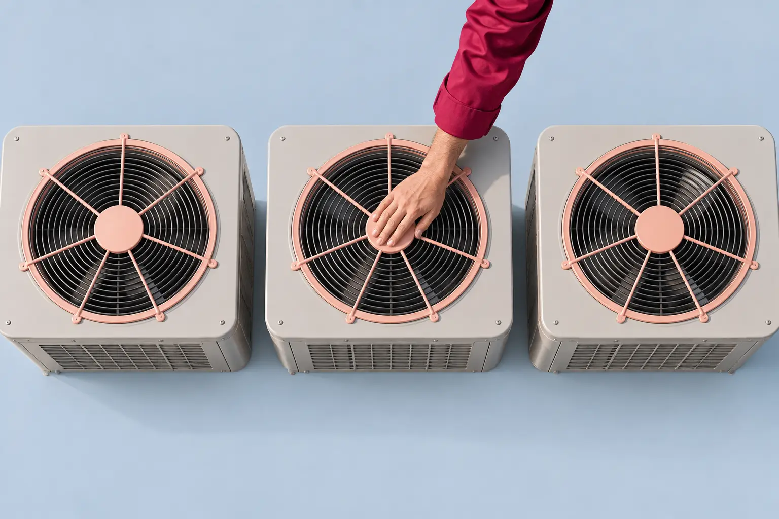 Three outdoor air-conditioner units in a row, seen from above, with a hand on the middle one