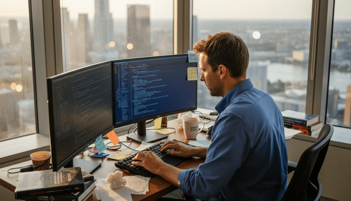 Trader comparing code at workstation