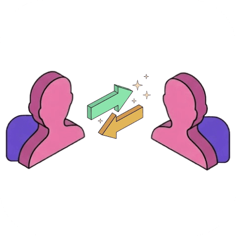 Illustration of two person icons with 2 arrows