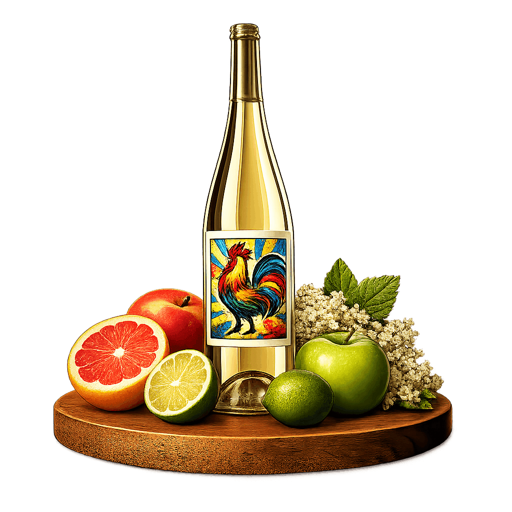 Artistic label and flavor profile for Polish Hibernal on a rustic wooden table.