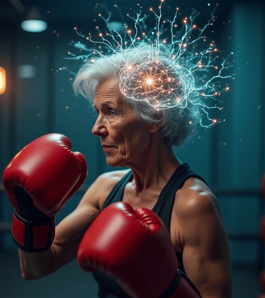 Elderly women with Parkisons showing a determined with while wearing boxing gloves. Her brain is showing growth and stimulation.