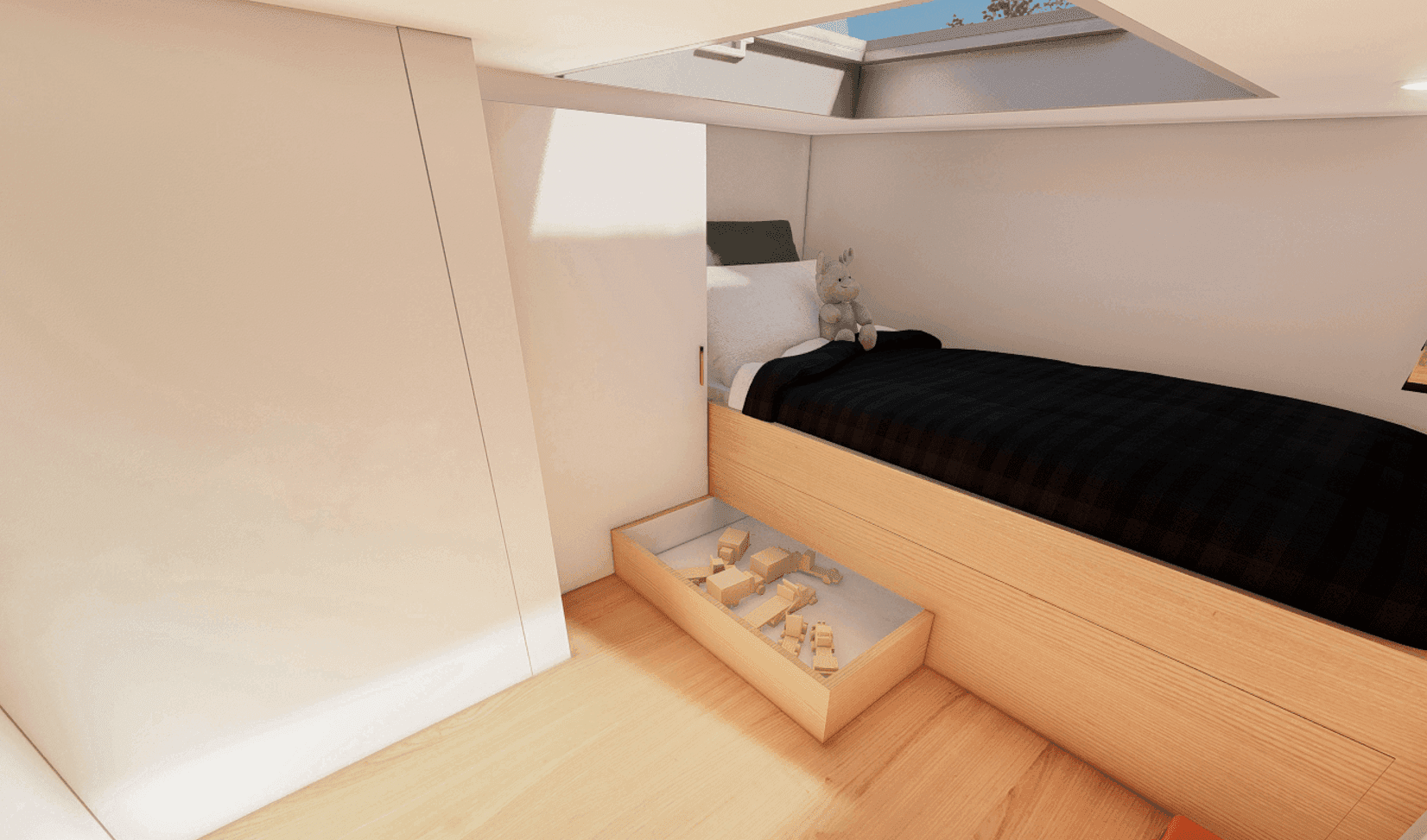 A space-saving kids loft bedroom in a tiny house