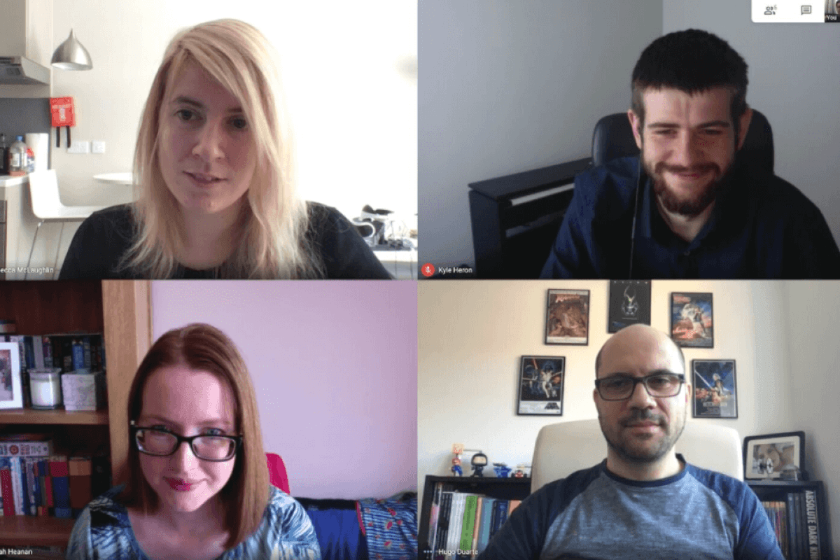 A screenshot of a video call including Rebecca, Kyle, Sarah and Hugo