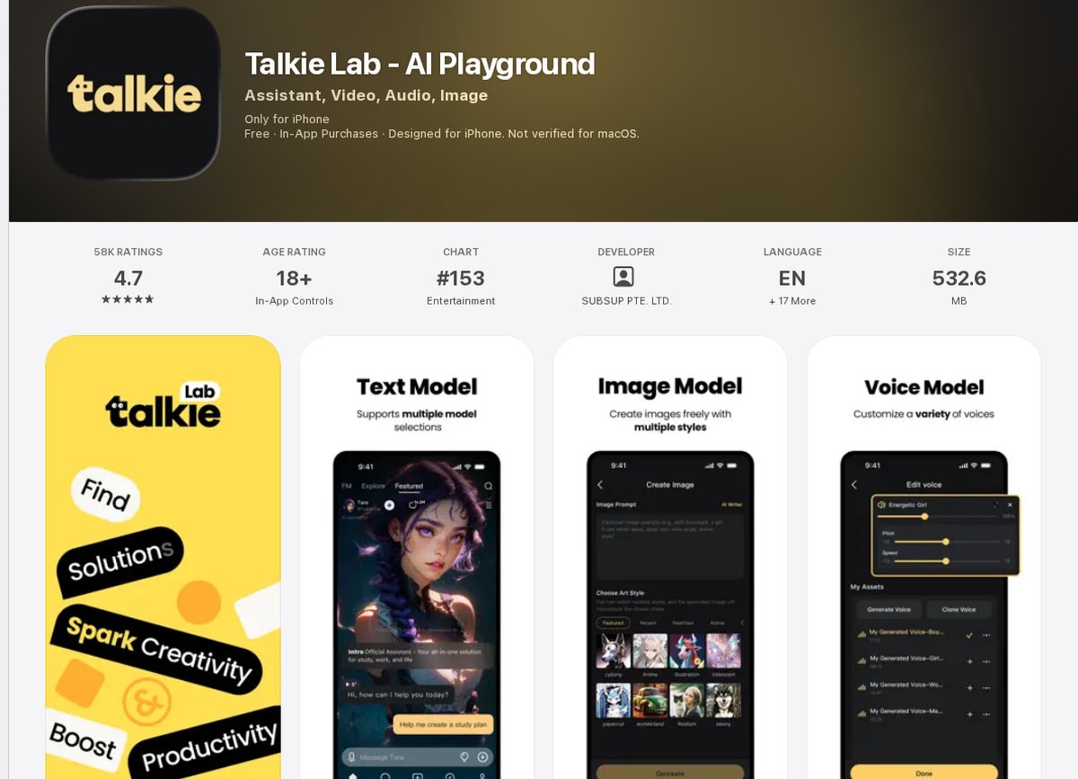 The US App Store listing for Talkie Lab shows in-app purchases of $9.99 for one month, $49.99 for one year and $24.99 for Talkie+ Pro, October 2026.