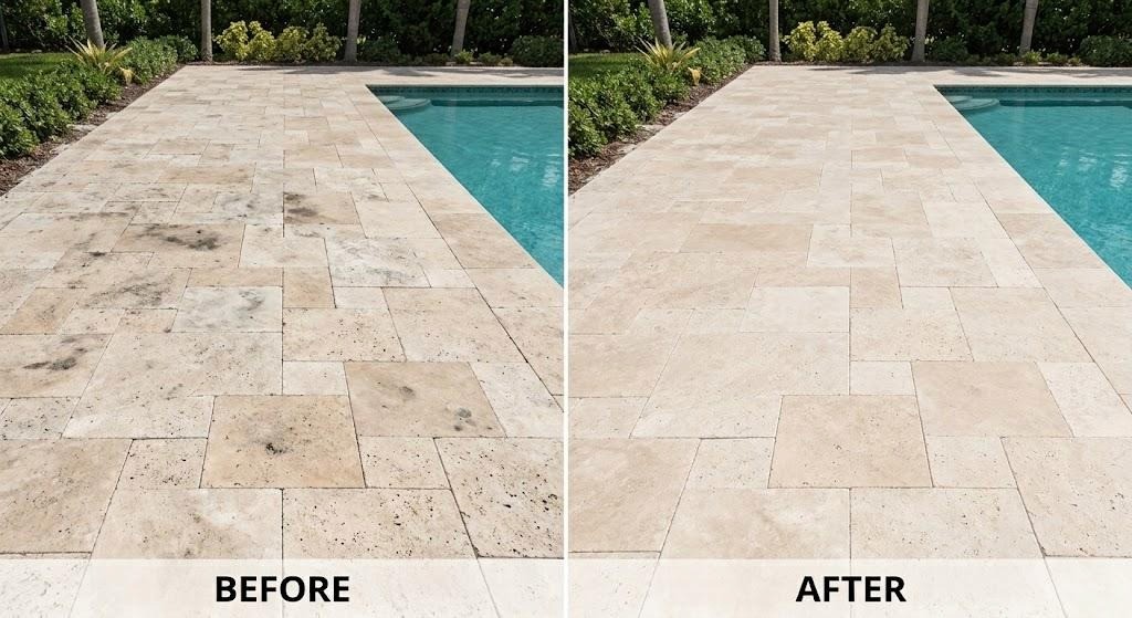 Example of how professional travertine cleaning and restoration may improve an outdoor surface.
