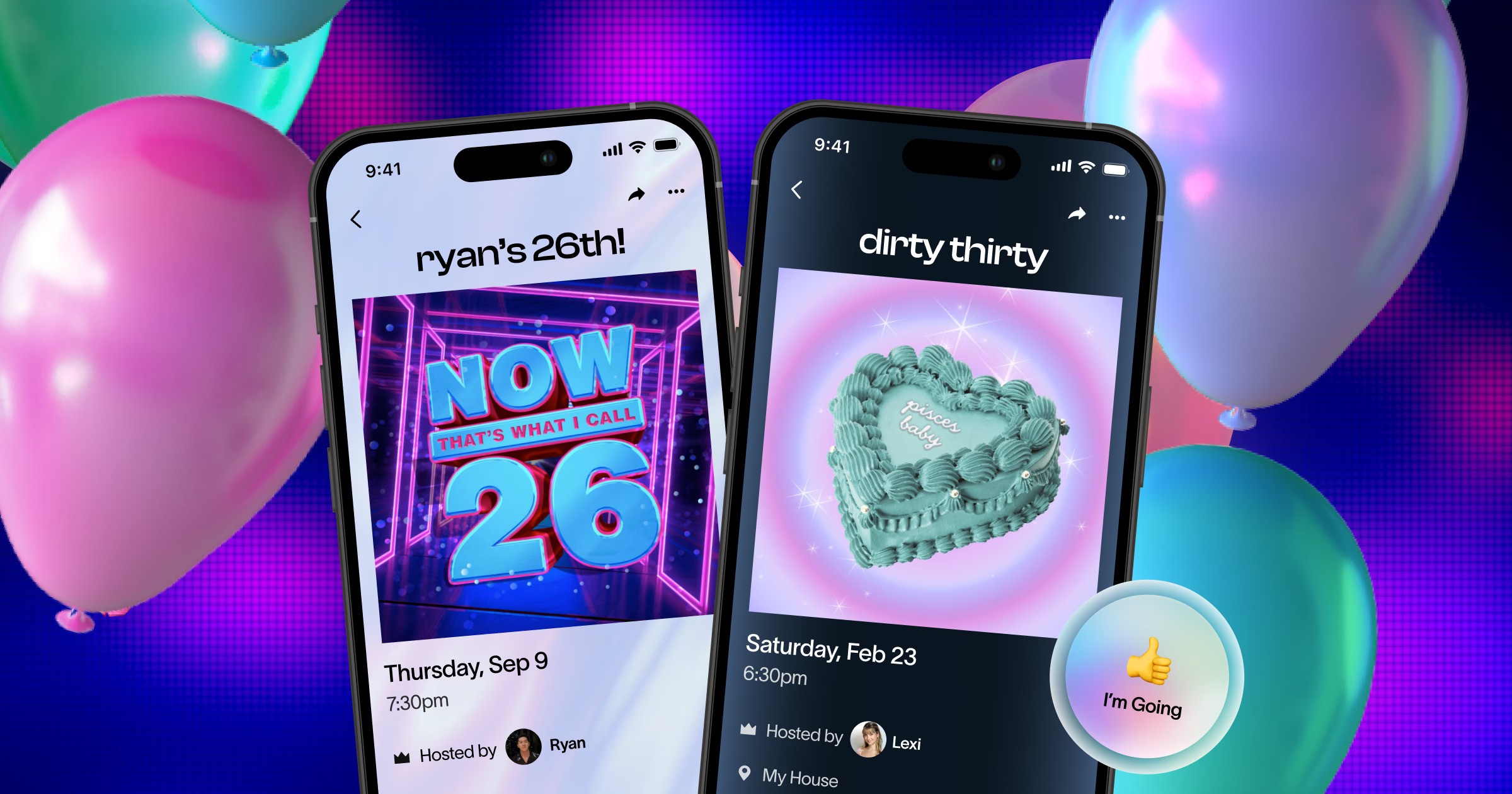 Two smartphones displaying colorful app interfaces, surrounded by festive balloons in a vibrant setting.
