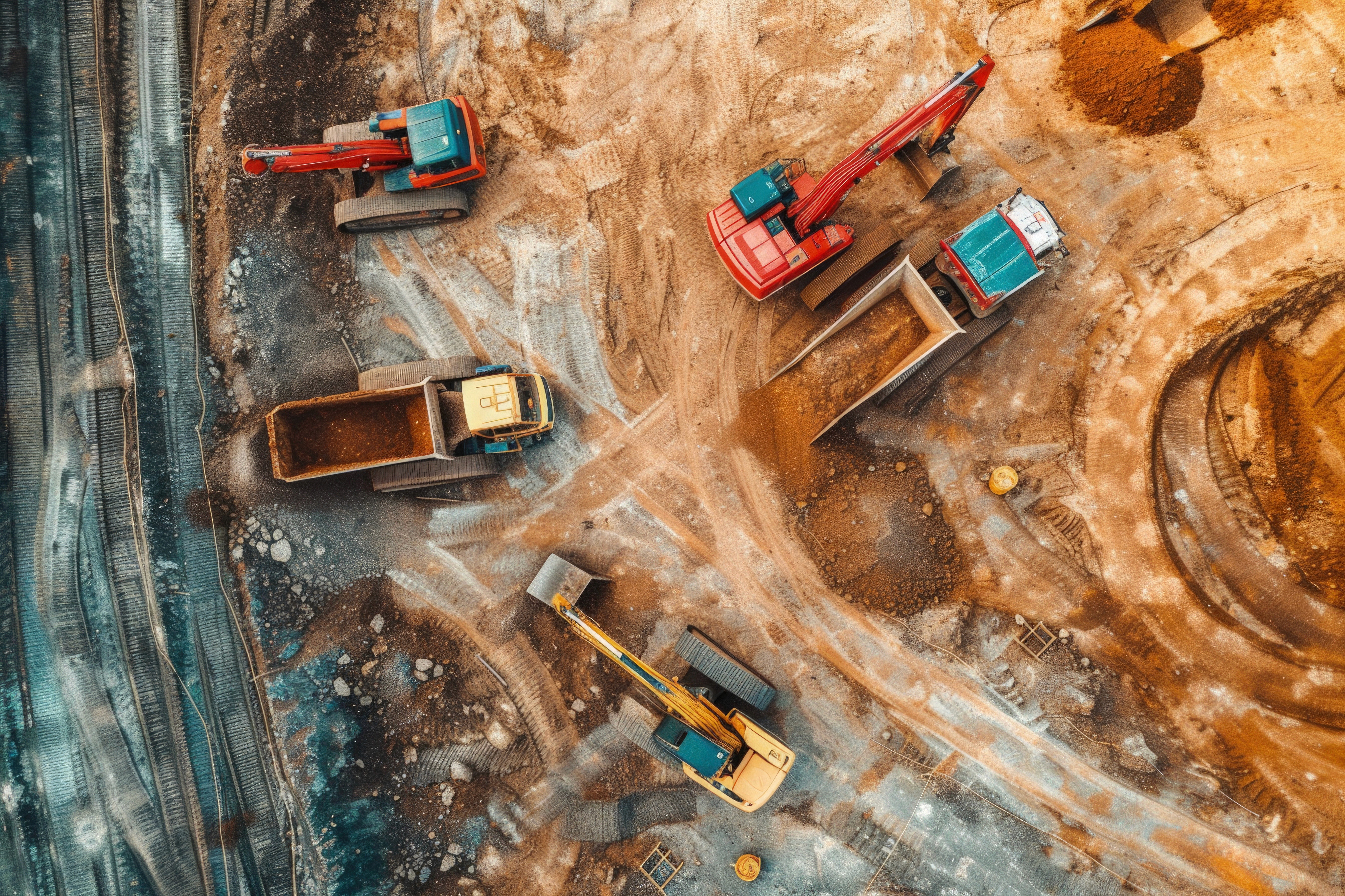 Aerial view of a winding road cutting through rocky terrain and sandy landscape.