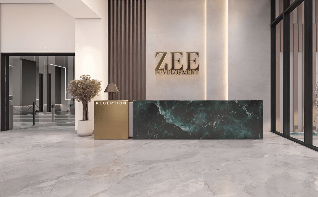 Elegant lobby of Rose Gold Residences featuring modern decor, plush seating, and warm lighting for a welcoming atmosphere.