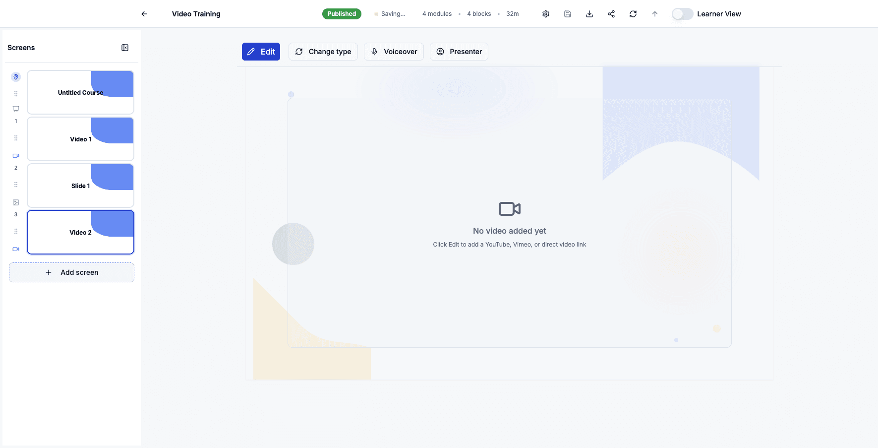 Click Add screen to explore more interactive content options for your learners.