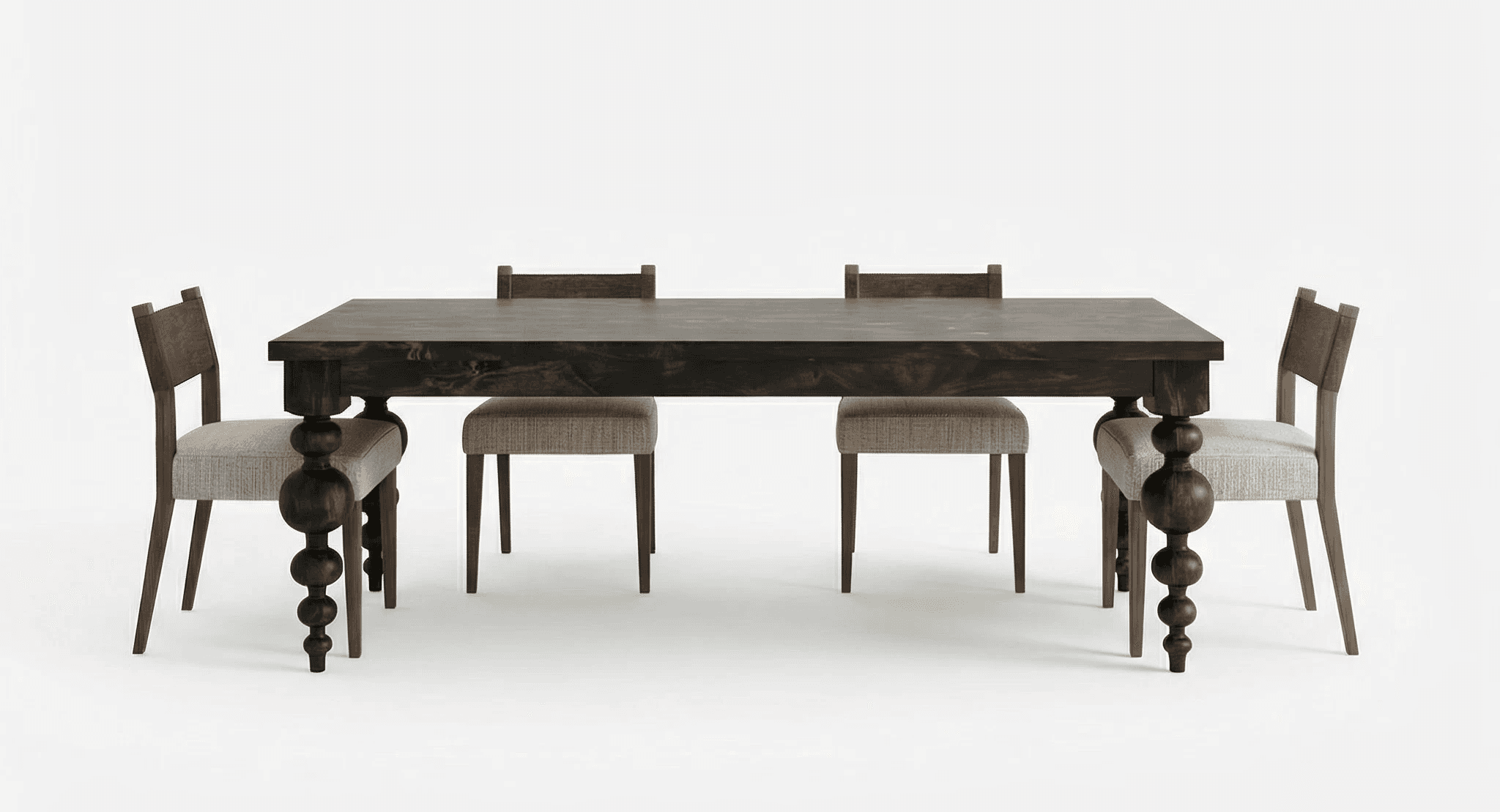 Dark wooden dining table with turned legs and straight‑back dining chairs