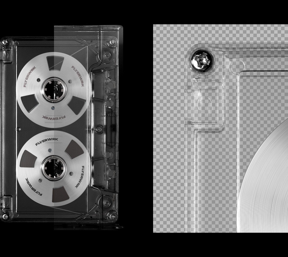 Cassette Case Mockup close-up of a white plastic tape shell with realistic screw details.