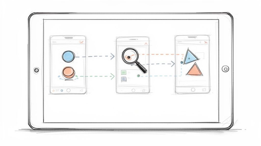A sketch of an iPad screen showing three smartphone displays illustrating a data processing flow.