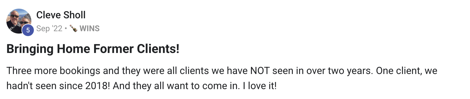 orever Booked campaign results for Aesthetic Solutions reactivating 3 former clients not seen in over 2 years via automated outreach September 2022