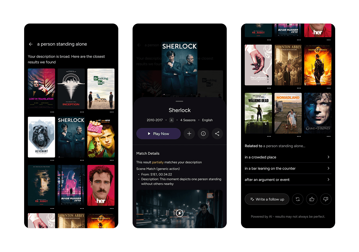 Search results for a generic action description with a "Scene Match" detail card for Sherlock