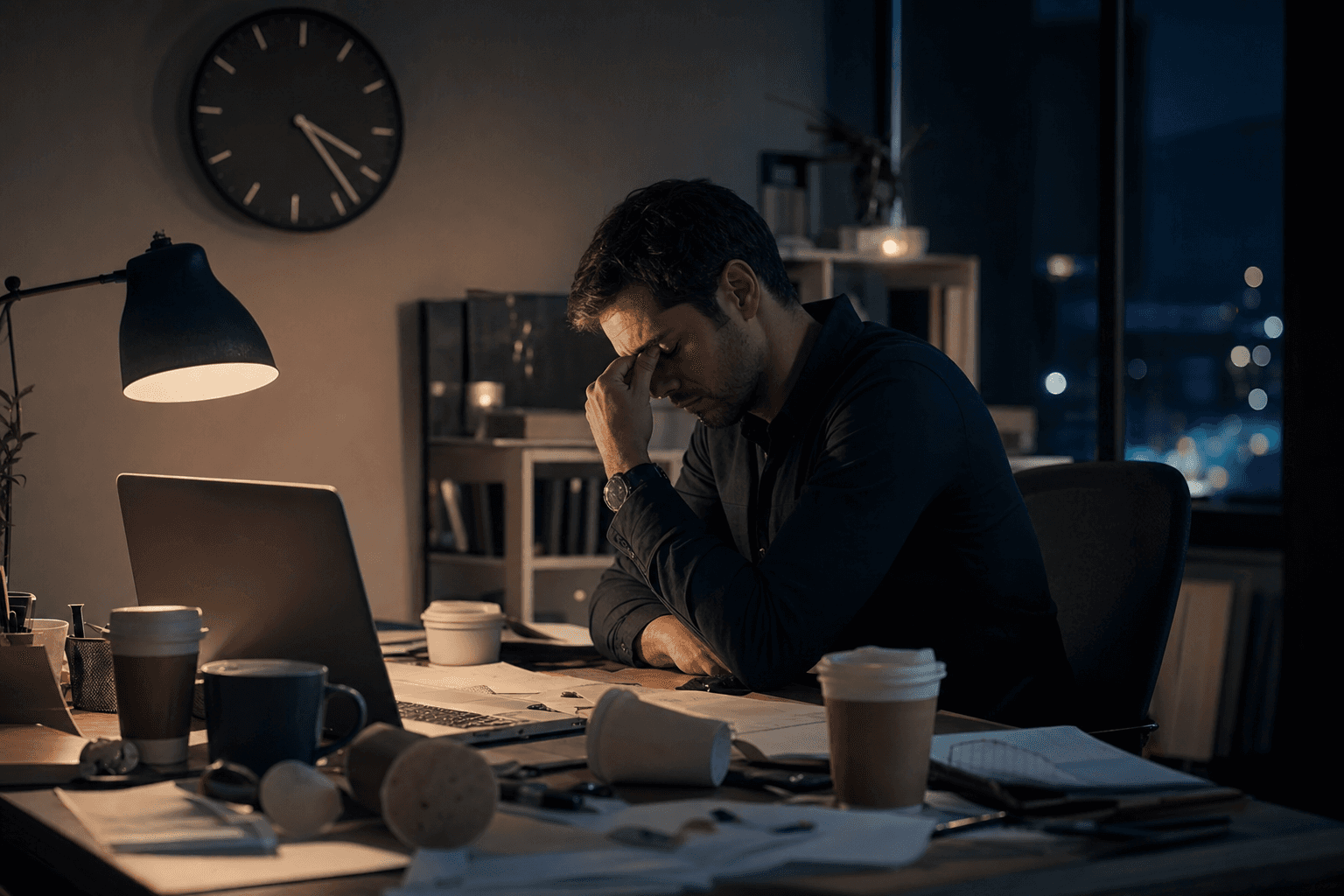 Person sitting at desk looking mentally exhausted and drained after long work session, cluttered workspace with empty coffee cups, clock showing late hour, dim lighting suggesting passage of time, person rubbing eyes or holding head in hands showing fatigue, modern home office setting, realistic illustration style conveying burnout and depletion