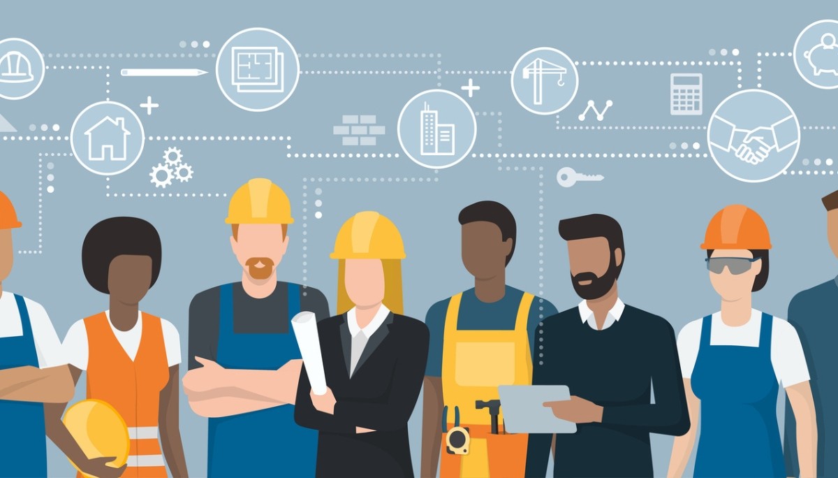 Illustration of a diverse group of engineers in hard hats, safety vests, and technical gear standing on connected nodes, surrounded by icons of buildings, cranes, gears, and blueprints, representing the wide range of high‑paying engineering fields in 2026 and the collaboration that drives them.
