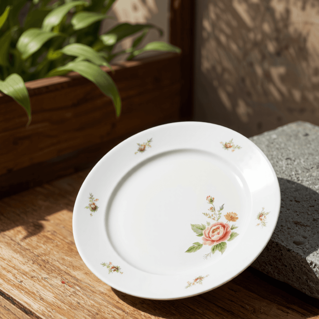 product photography of decorative plate with floral design