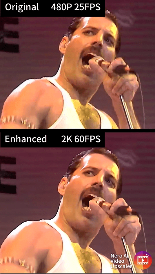 Freddie Mercury concert footage: Original 480P 25FPS vs Enhanced 2K 60FPS