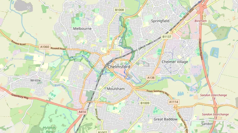 Map showing Chelmsford in Essex
