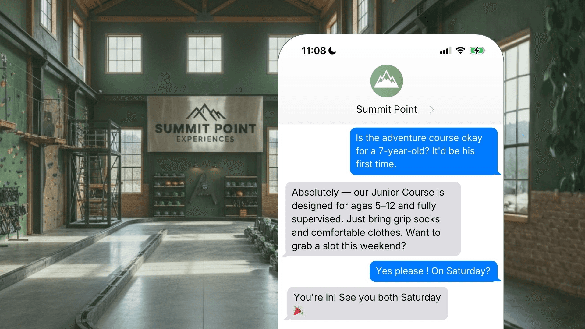 Interior of Summit Point Experiences adventure facility with climbing walls, overlaid with a smartphone mockup showing a parent booking their 7-year-old's first session on the Junior Adventure Course for Saturday.