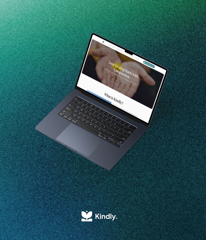 The Kindly website shown in a MacBook on textured blue-green background.