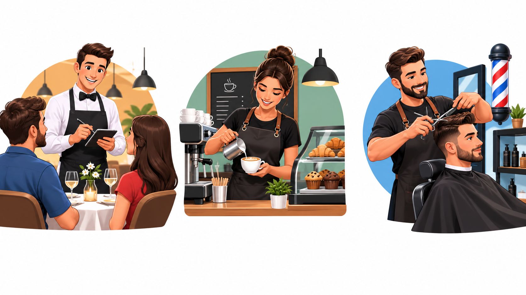 Ilustración que muestra a profesionales de servicios interactuando con clientes en restaurante, cafetería y barbería.