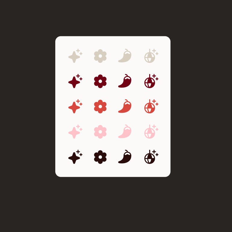 Aperçu du pack d'icônes intégré à l'UI kit de Maëlle Purenne, conçu par la designer Diana SOM. Sur un fond marron foncé, une carte crème présente une grille d'icônes vectorielles déclinée en cinq rangées de couleurs différentes (beige, bordeaux, orange rouge, rose pastel et noir). Les symboles incluent une étoile scintillante, une fleur stylisée, un piment et une boule à facettes.