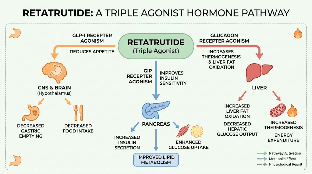 Retatrutide triple receptor mechanism showing GLP-1 GIP and glucagon pathways
