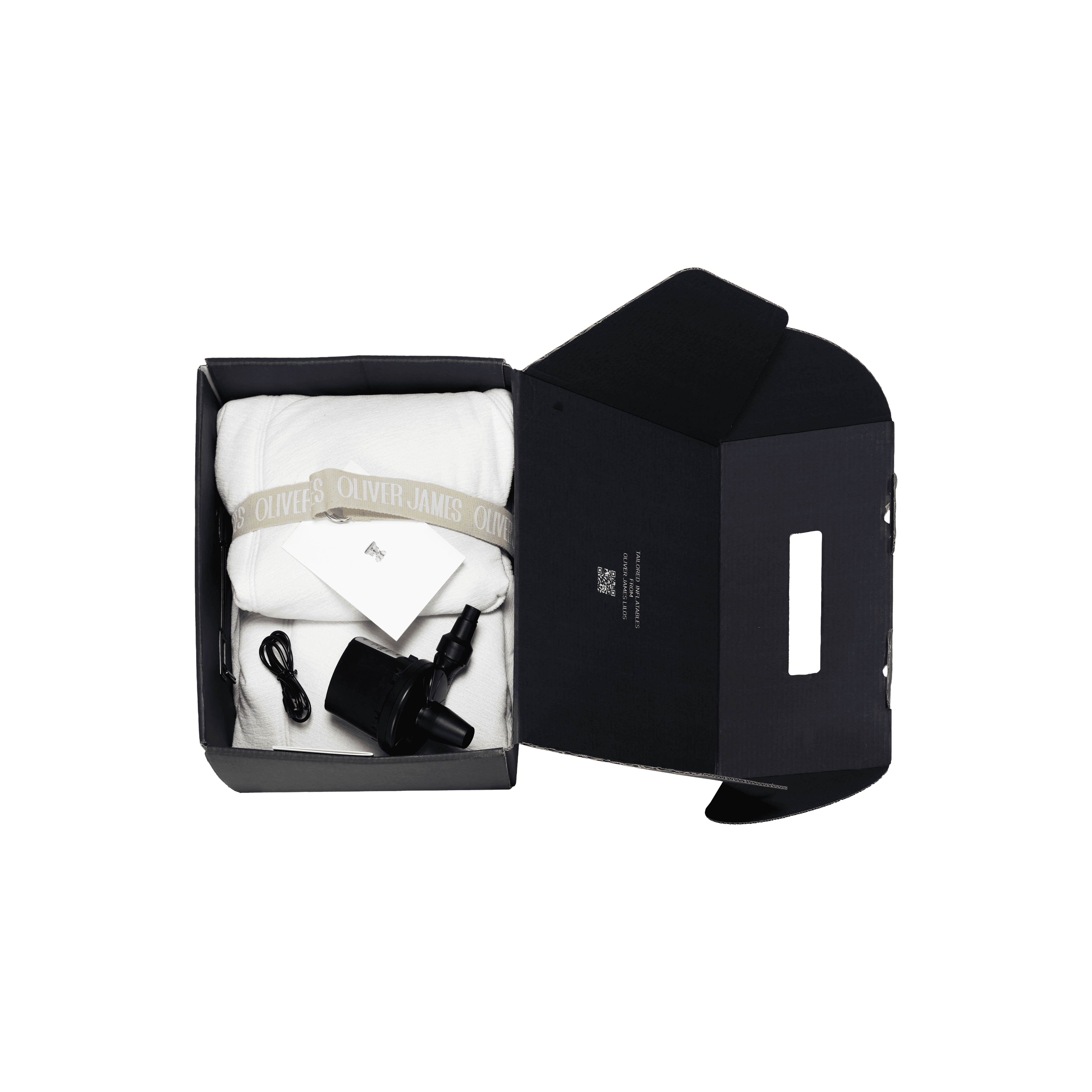 White chenille lilo folded in its structured black travel case with branded label and securing straps