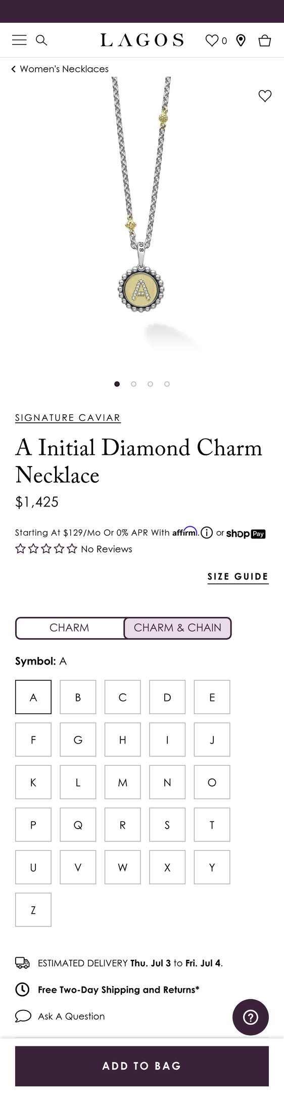 Jewelry product options include: necklace, pendant for Signature Caviar A Initial Diamond Charm Necklace from LAGOS.