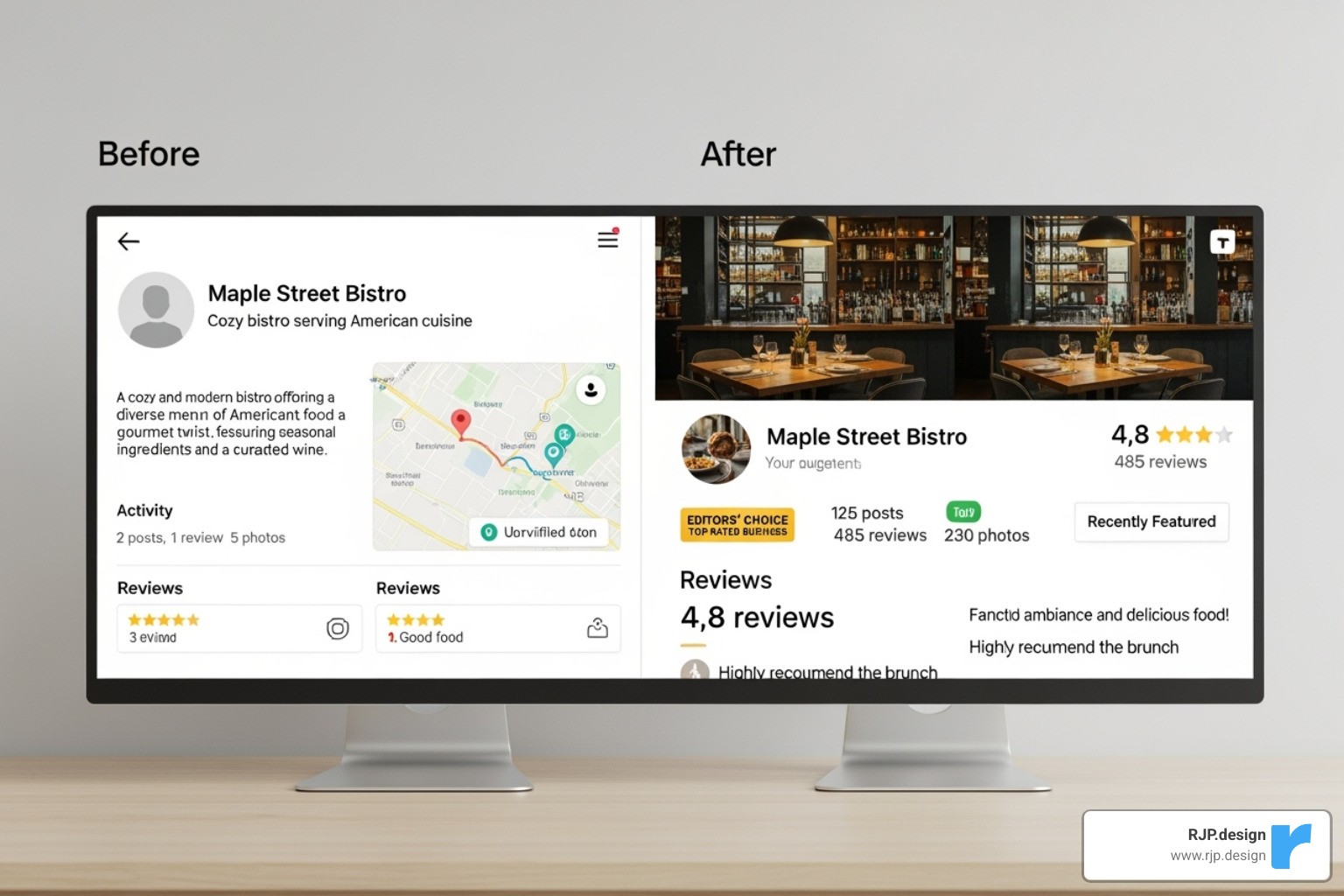 Before and after comparison of a Google Business Profile optimization, showing increased completeness, engagement metrics, and positive reviews - our google optimization services - what we offer