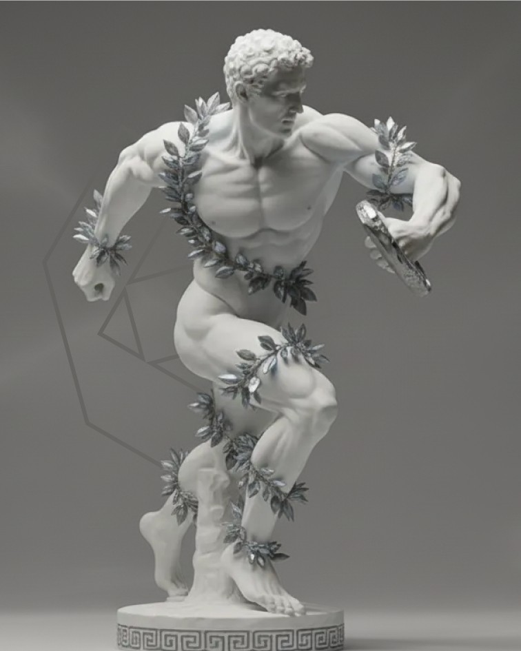 White marble sculpture of a muscular figure in motion, adorned with silver laurel leaves, holding a discus.