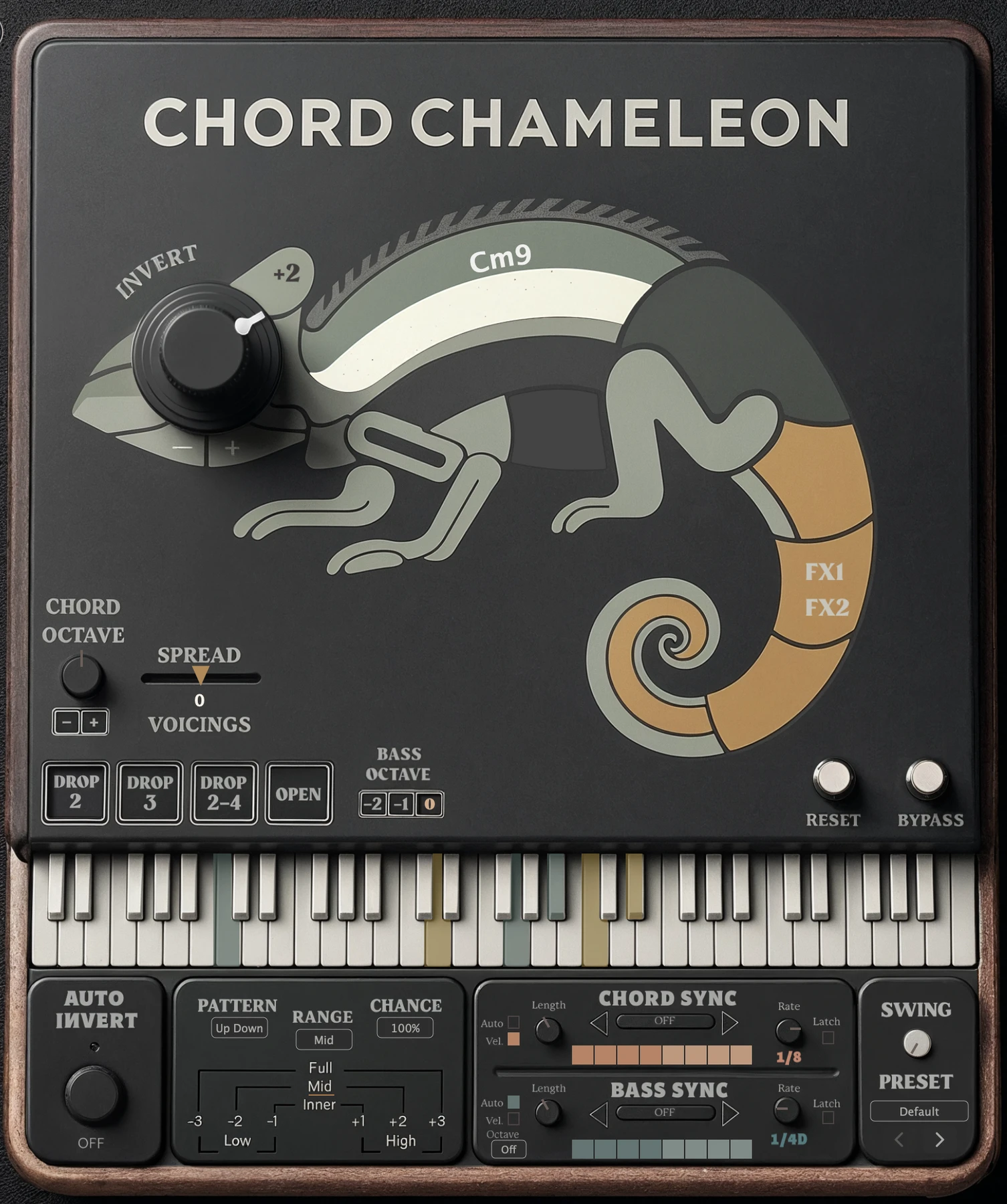 The full Chord Chameleon plug-in interface: the Invert knob and chord readout across the chameleon graphic, the Chord Octave, Spread and voicing controls, the keyboard, and the Auto Invert, Pattern, Chord Sync, Bass Sync and Swing panels along the bottom