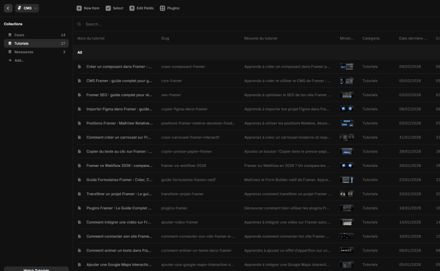 Interface CMS Framer affichant la collection Tutoriels avec les champs slug, résumé, miniature, catégorie et date